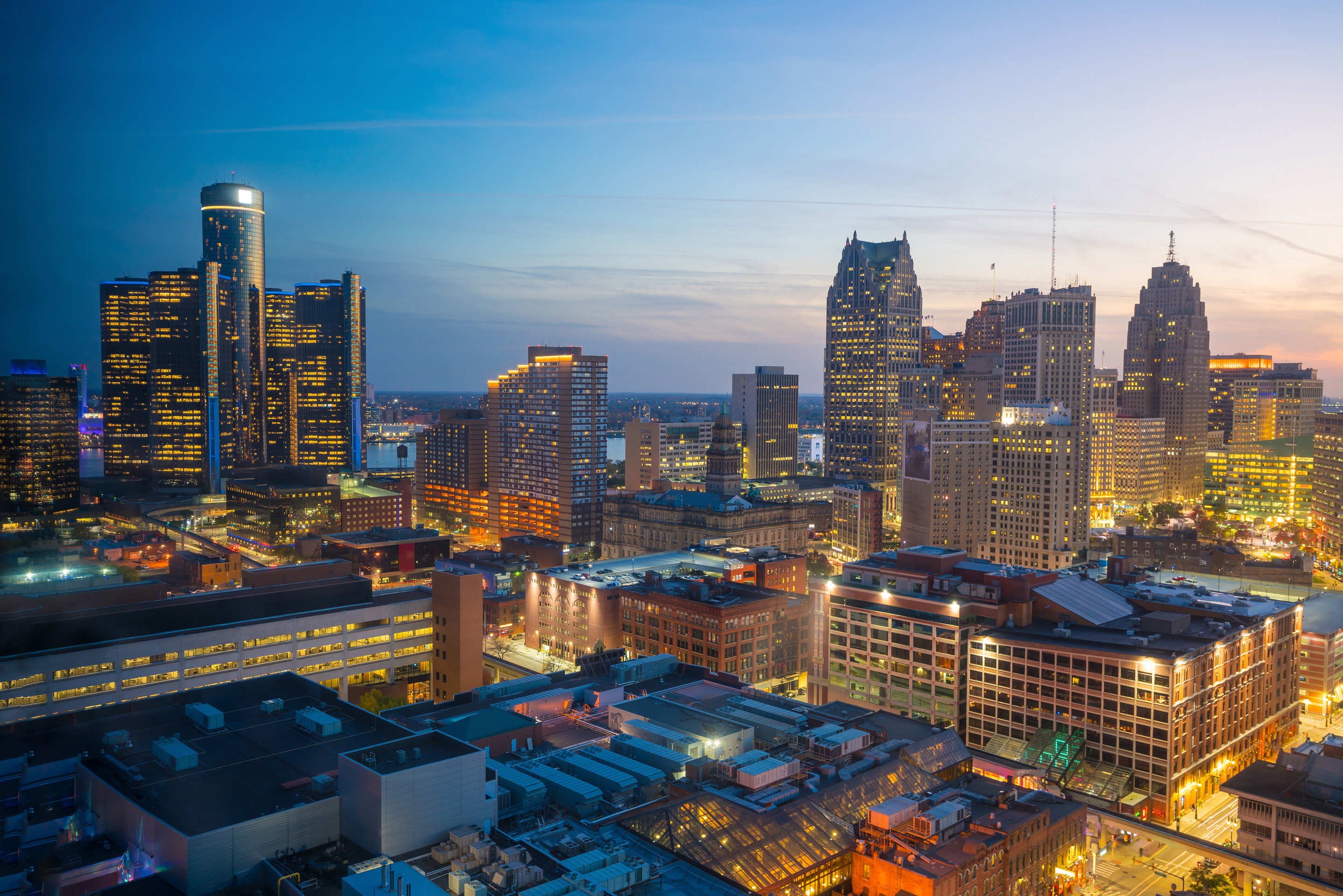Aerial view of downtown Detroit at twilight in Michigan USA